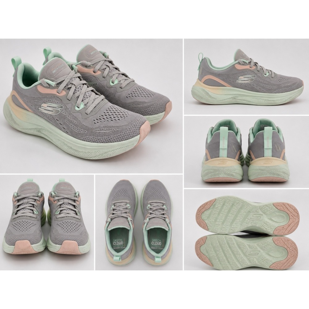 Skechers Skech-Cloud Grey Mint Peach Air-Cooled Memory‎ Foam Sneakers Womens